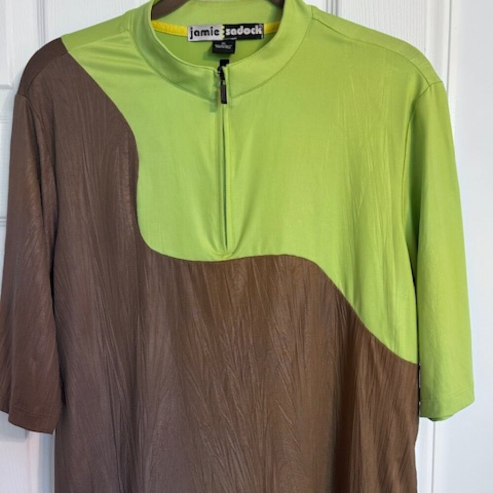 Jamie Sadock Activewear XL 1/4 Zip Golf Shirt Elbow Sleeves Lime Brown Textured